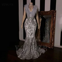 sparkly sequined long prom dresses 2020 mermaid v neck feathers african women formal party evening gowns robe de soiree