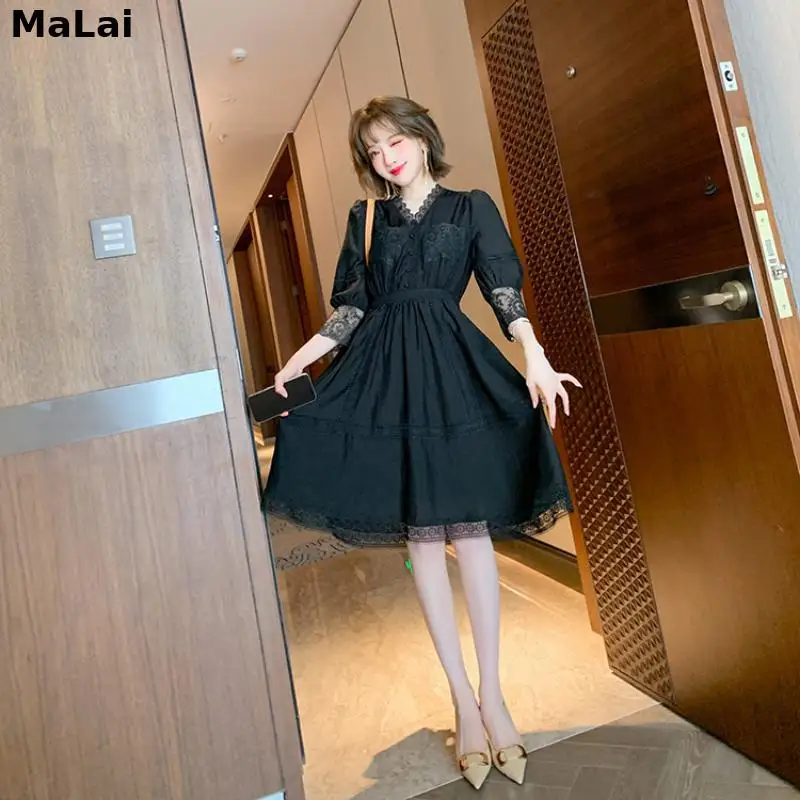 

Summer Fairycore Dress Lace Up V-Neck Puff Sleeve High Waist Knee Length For Women Elegant Sexy Button Party Dress Lady Vestidos