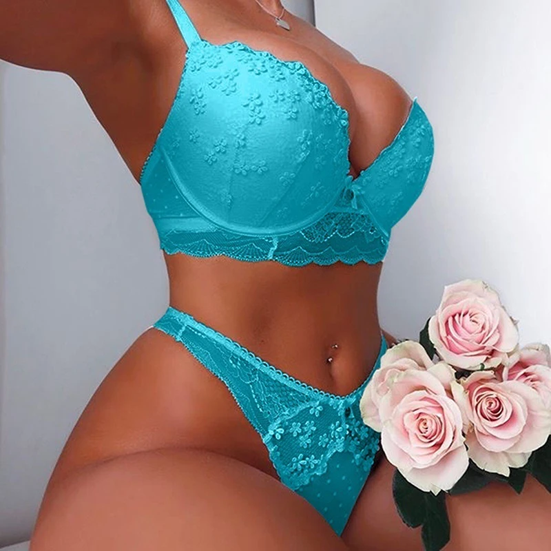 

New Women Lace Push Up Bra And Low Waist Panties Sets Sexy Lingerie Set Ladies Floral Lace Underwear Set Sleepwear
