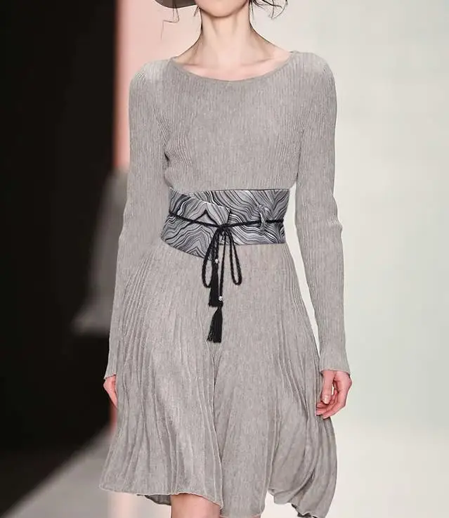 Новинка модный широкий пояс серого цвета Оби Cummerbund с кисточками бант завязанный