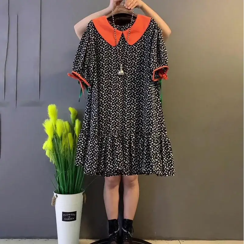 

2021 Spring/Summer New Doll Collar Floral Dress Large Size Loose and Thin All-match Korean Version Reduced Age Large Size 6XL