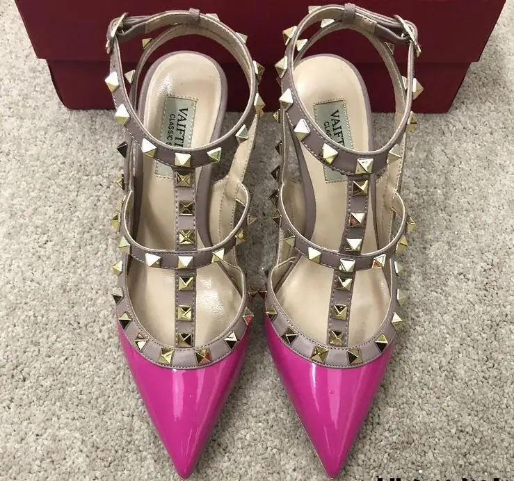 

2021 Designer Luxury V Brand Women Sandals Pointed Toe Sexy Rivets Sandals Super 6 8 10cm High Heels Wedding Shoes Big Size 43