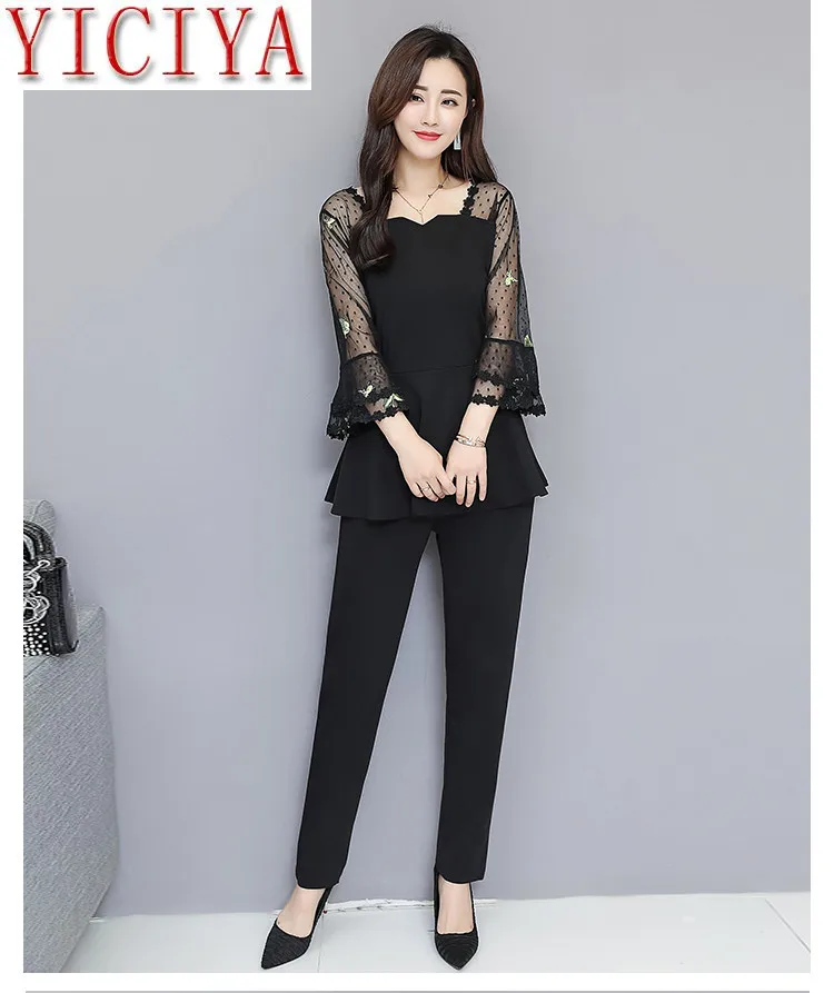 Женский комплект из двух предметов размера плюс с вышивкой весна лето черный топ