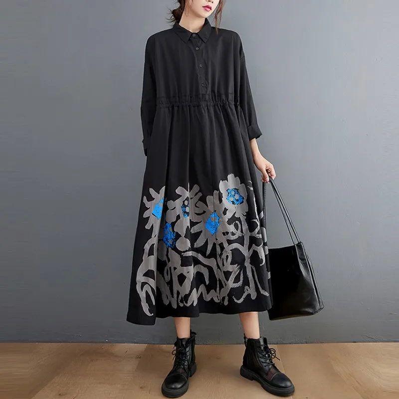 

Women Cotton Casual Dress New Arrival 2021 Autumn Arts Style Vintage Print Loose Ladies A-line Long Dresses B1393