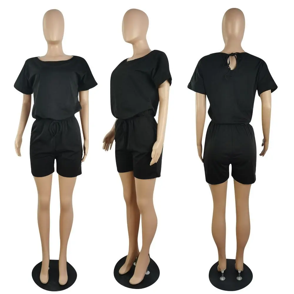 

2021 Summer High Waist Drawstring Beach Playsuits for Women O-neck Short Sleeve One Piece Overall Casual Solid Basic Bodysuits