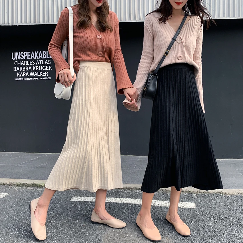 Зимняя женская Плотная юбка-свитер с эластичной высокой талией плиссированная