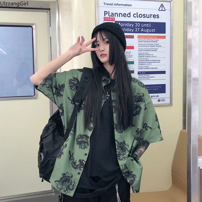 Harajuku/Модная уличная Корейская женская блузка с принтом дракона, коротким рукавом, пуговицами и отложным воротником, топ, рубашка, Винтажная футболка с готическим рисунком