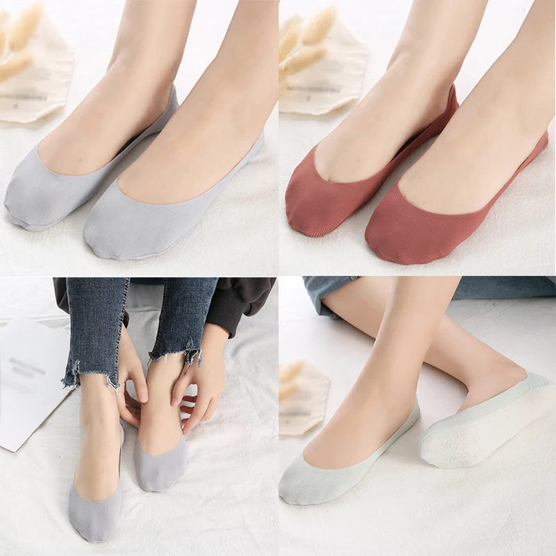 

1Pair Ladies Summer Silicone Antiskid Boat Socks Ice Silk Thin Socks Solid Color Hosiery Summer Socks Invisible Socks Breathable