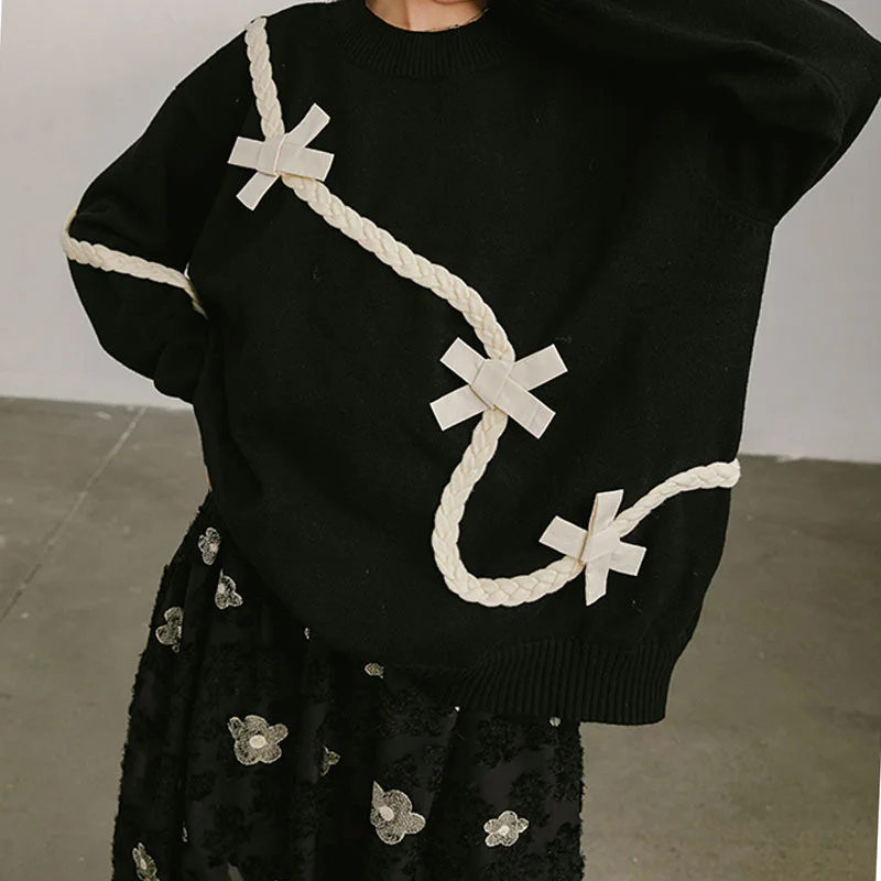 

Diddi autumn bow braid sweater black knitting high sense round neck women's autumn and winter new style