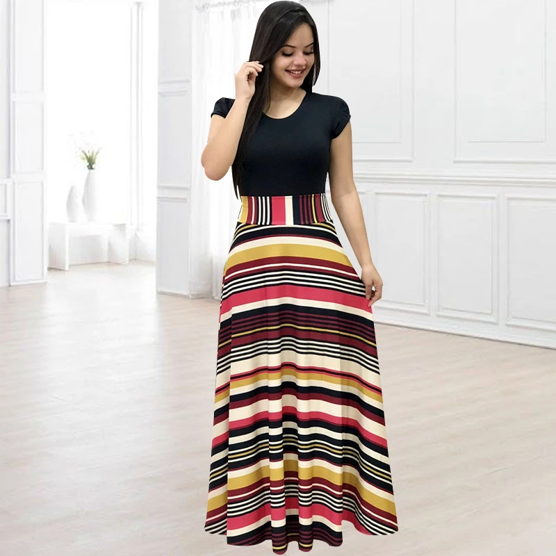 

Women Summer Dress Short Sleeve Floral Print Patchwork O Neck Female Dress Beach Style Female Vestidos Maxi Dresses Plus Size