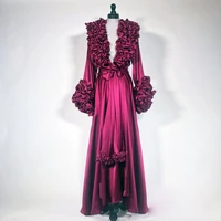 burgundy night robes 2021 silk long sleeve evening dress tiered ruffles party sleepwear sexy nightgowns robes