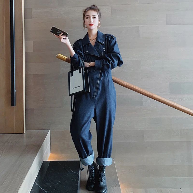 Chic tooling denim jumpsuit female 2021 Spring Autumn new Korean style high waist slimming fashion jumpsuit long style women s46
