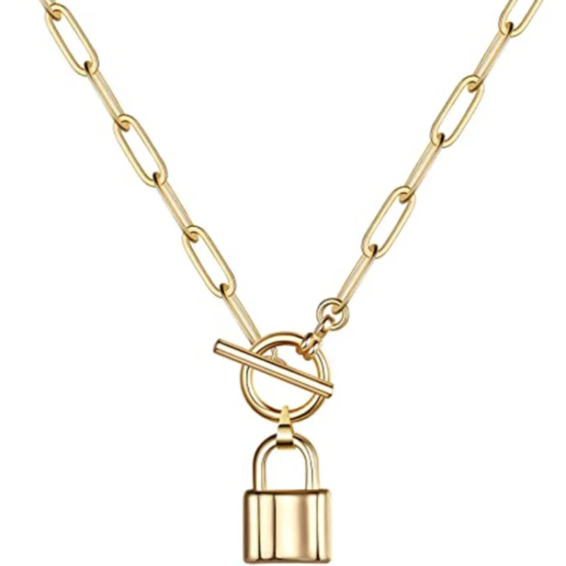 

14K gold lock pendant vintage necklace, gothic personalized back chain necklace women's party fashion accessories