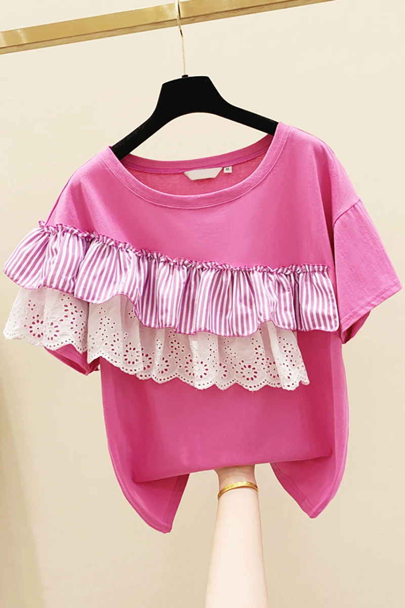 

Lace Striped Panel Ruffles Pure Cotton Short Sleeve T-shirt Women 2020 Summer Top Loose T-shirt Girls Students T Shirts Tees