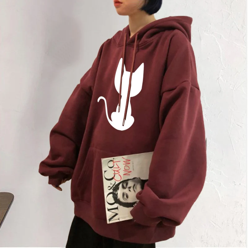 Fashion Women Sweetshirts Hoodie Cute Zipper Cat & Black Cat Print Hooded Tops Harajuku Female Pullover Hoodies