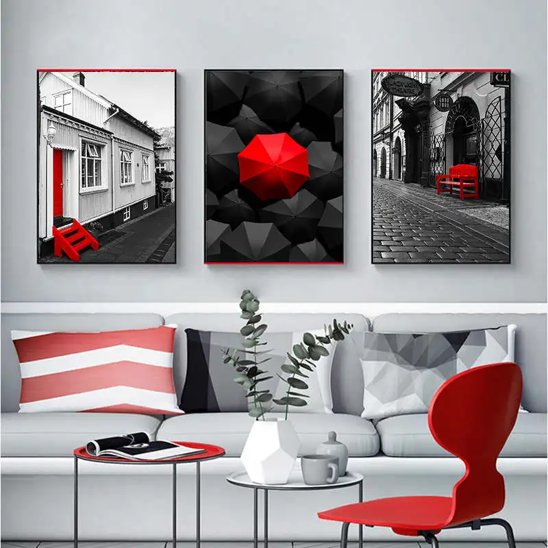 Черный и красный Печать на холсте Европейский уличный стул зонтик современный