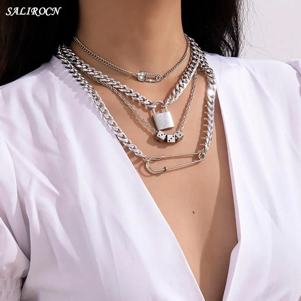

Salircon Goth Safety Pin Padlock Pendant Necklace for Women Men Punk Rhinestone Paper Clip Dice Link Chain Necklace Jewelry Gift