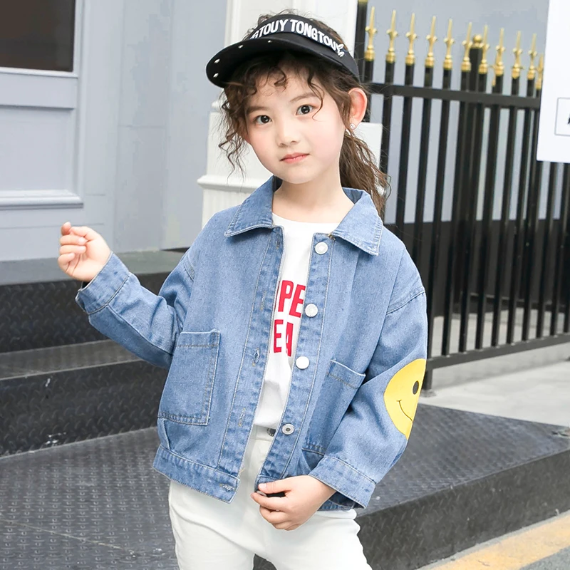 Джинсовая куртка со смайликом для девочек новинка 2019 года весенне-осенняя