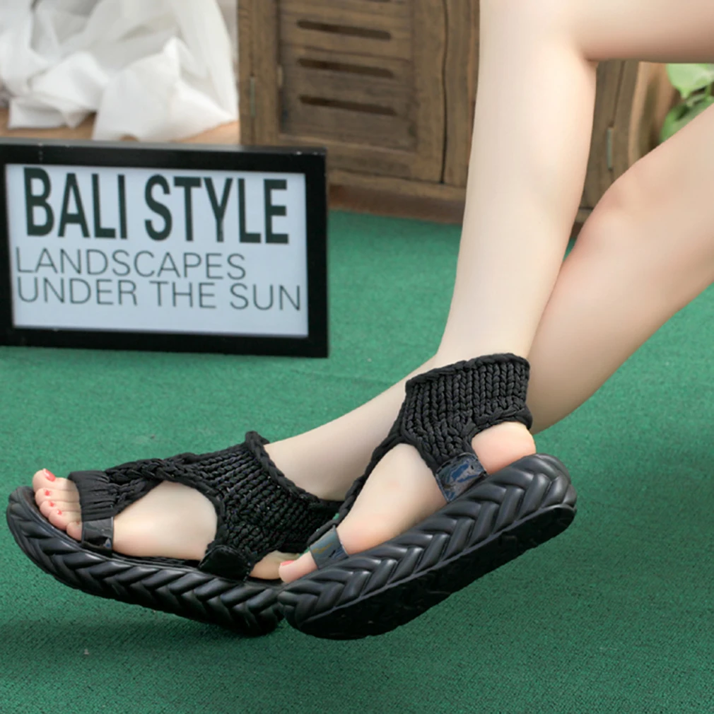 

Women Gladiator Sandals Summer Flat Wool Shoes Thick-bottomed Knitting Sandals Solid Ladies Platform Sandalias Zapatos Mujer