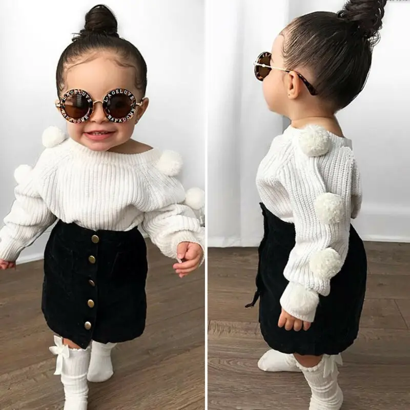 

Toddler Baby Kid Girls Clothes Hairball Knit Tops White Solid Sweater+Button Mini Skirt Warm Outfits Sets Autumn Fashion 2Pcs