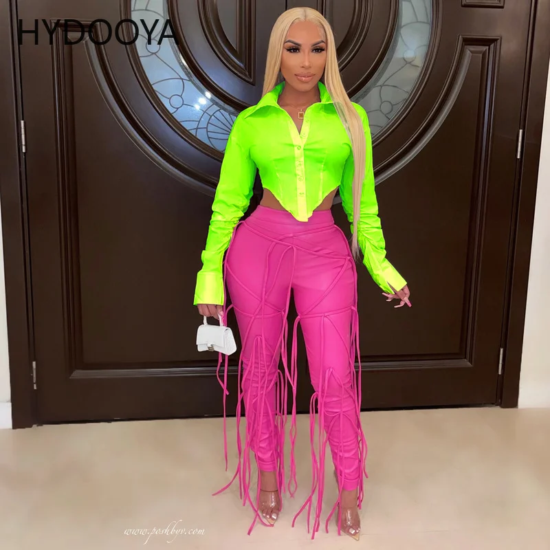 

Sexy White Women's Waist Shape Long Sleeve Short Shirts Chic Fluorescent Green Single Breasted Turn Down Collar Cropped Blouses