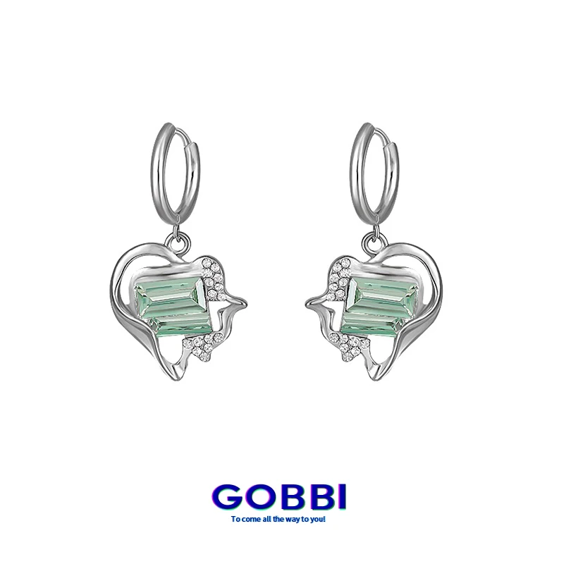 

GOBBI mint green zircon heart-shaped earrings female Korean high-end light luxury jewelry gothic girl unusual accessories jewelr