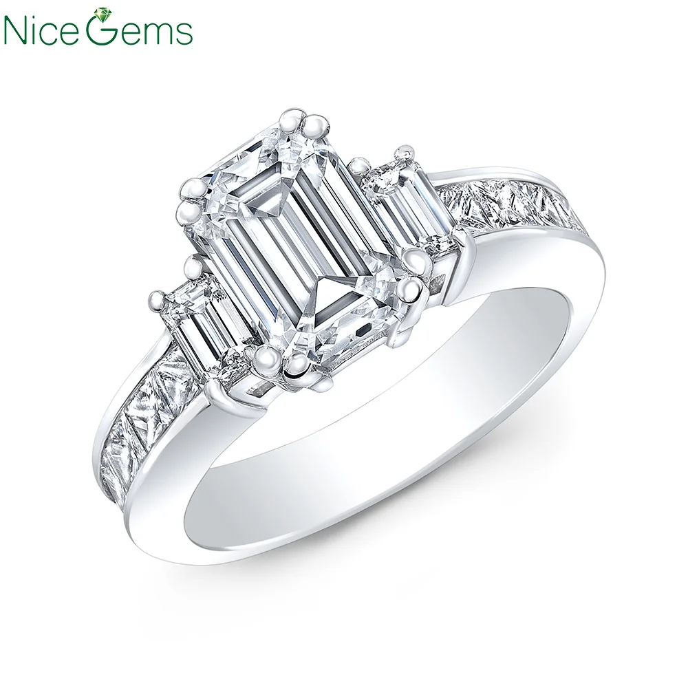 NiceGems Белое золото 14 карат Изумрудное кольцо с тремя камнями центр 2.5CT DF Цвет 5.1CTW
