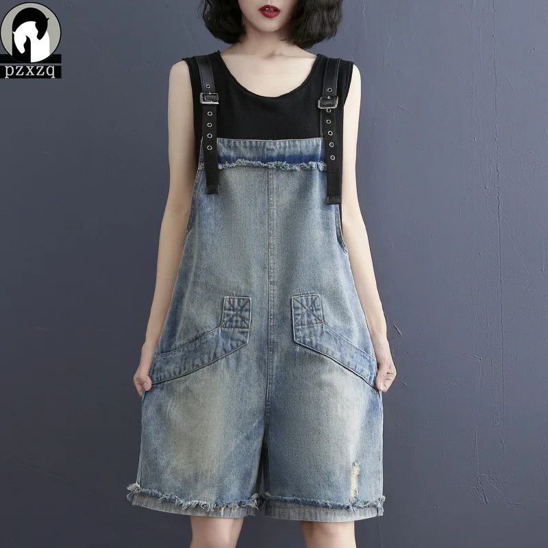

Harajuku Denim Overalls Women Summer Distressed Washed Worn Jumpsuits Summer Denim Jeans Overalls Shorts Female Leather Strap