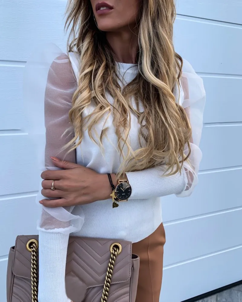 White style 2 Новинка, модная Женская водолазка, длинная, сетчатая, с пышными рукавами, футболка, одноцветная, облегающая, топы, женская, Повседневная футболка, праздничная одежда, летняя - Цвет: White style 2