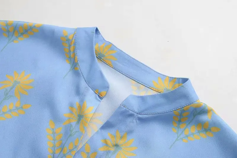 Женское платье-рубашка с длинным рукавом синее свободное платье цветочным