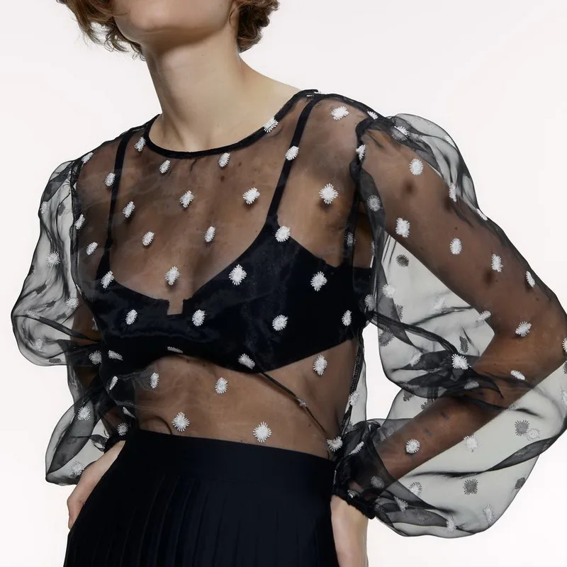 Блестящая женская блузка весна 2020 новые модные черные рубашки с вышивкой и милым