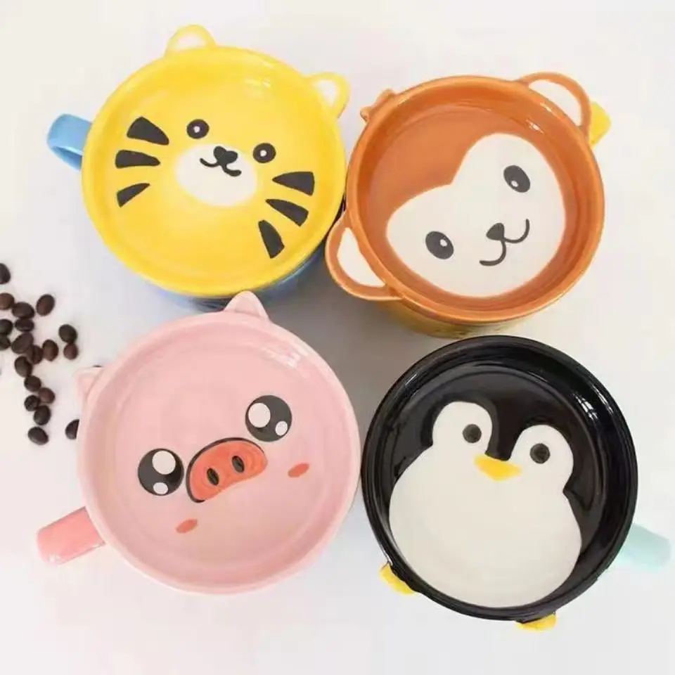 

Japanese-style cute animal ceramic mug with lid lovers cup breakfast mug office mug cute cup tea cup ceramic coffee cup set