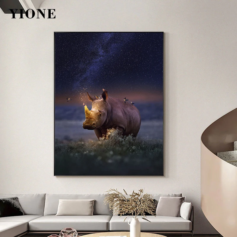 

Modern Wild Scenery Starry Sky Canvas Paintings Rhino Firefly Hot Air Balloon Wall Art Poster Prints Picture for Living Room