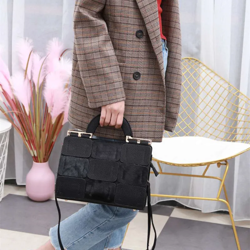 

Female Natural Horse Hair Patchwork Handbag Lady Winter Fashion Elegant Fur Designer Artificial Leather Black Messenger Bag