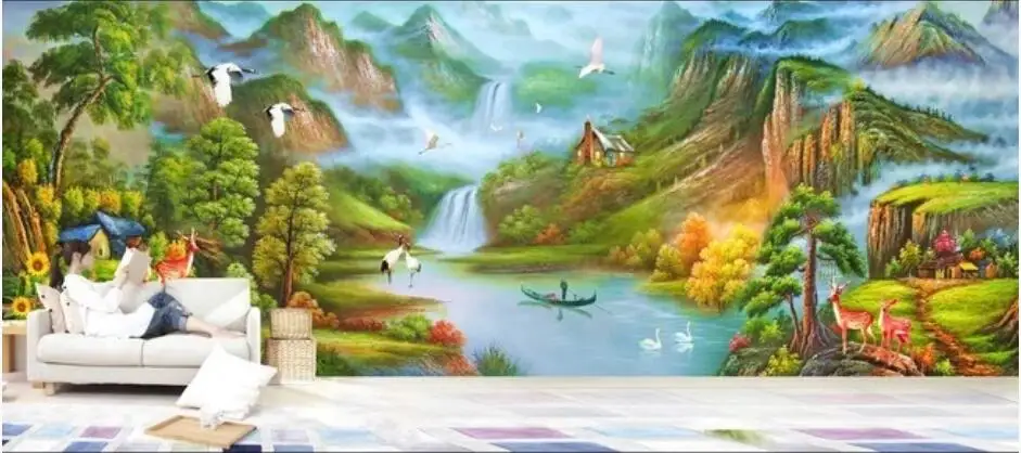 

WDBH пользовательские фото 3d обои масляная живопись Китайская Гора река пейзаж Декор комнаты 3d настенные фрески обои для стен 3 d