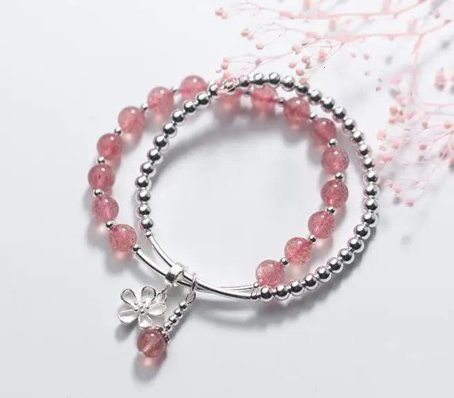 

Подлинные 100% реальные технические серебряные ювелирные изделия, двухрядный натуральный розовый кварцевый камень и бусины, браслет с цветк...