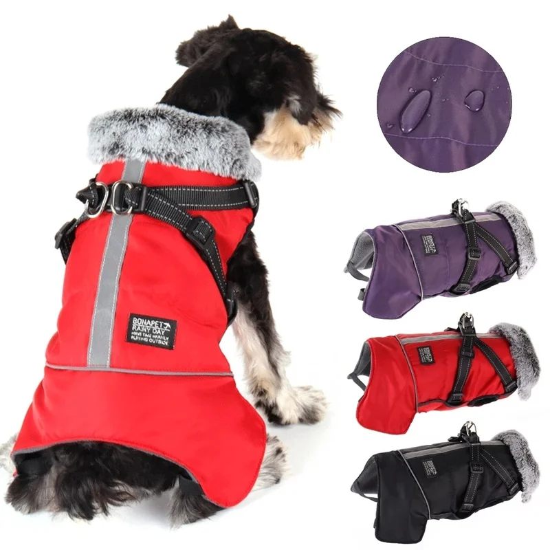 

Arge Dog Clothes with Harness Winter Warm Fur Collar Waterproof Reflective Padded Dog Jacket Dog Clothing Pet Clothes Bulldog
