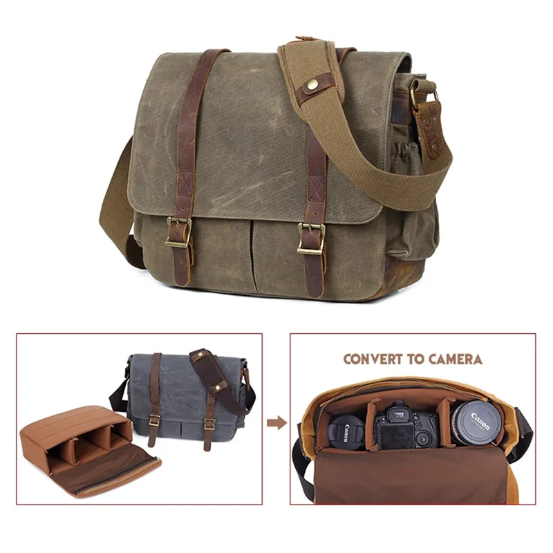 Вощеная холщовая камера сумки через плечо оригинальная кожаная сумка мессенджер