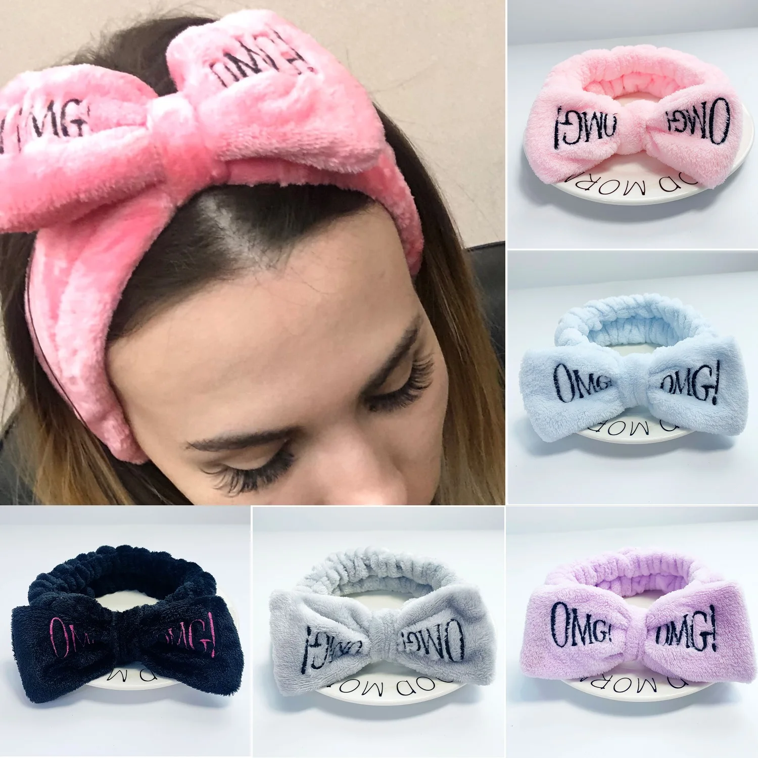 Новинка OMG буквы коралловый флис мытье лица ободок с бантиком для женщин девушек держатели головных уборов резинки для волос аксессуары для волос в виде тюрбана