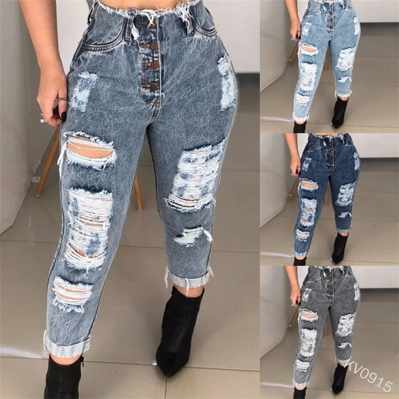 Рваные джинсы для Для женщин Высокая талия мыть сексуальные Slim Fit с