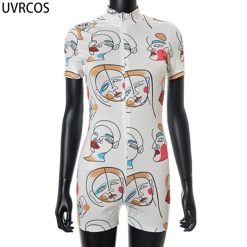 

UVRCOS Combishort Femme Summer New Y2k Clothes Rompers Womens Jumpsuit Strapless Art Graphic Printing Stand Neck Skinny Clubwear