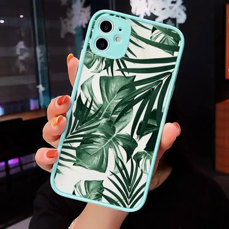 

green leaf Phone Cases Matte transparent For blue iPhone 12 Mini 11 Pro XR XS Max 7 8 Plus X Back Cover