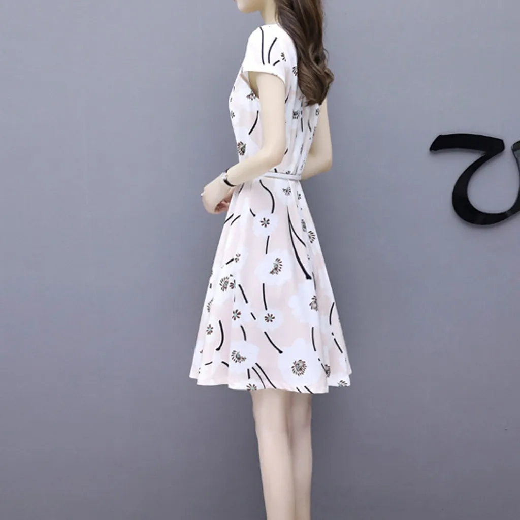 Женское модное летнее платье до колена с круглым вырезом и коротким рукавом