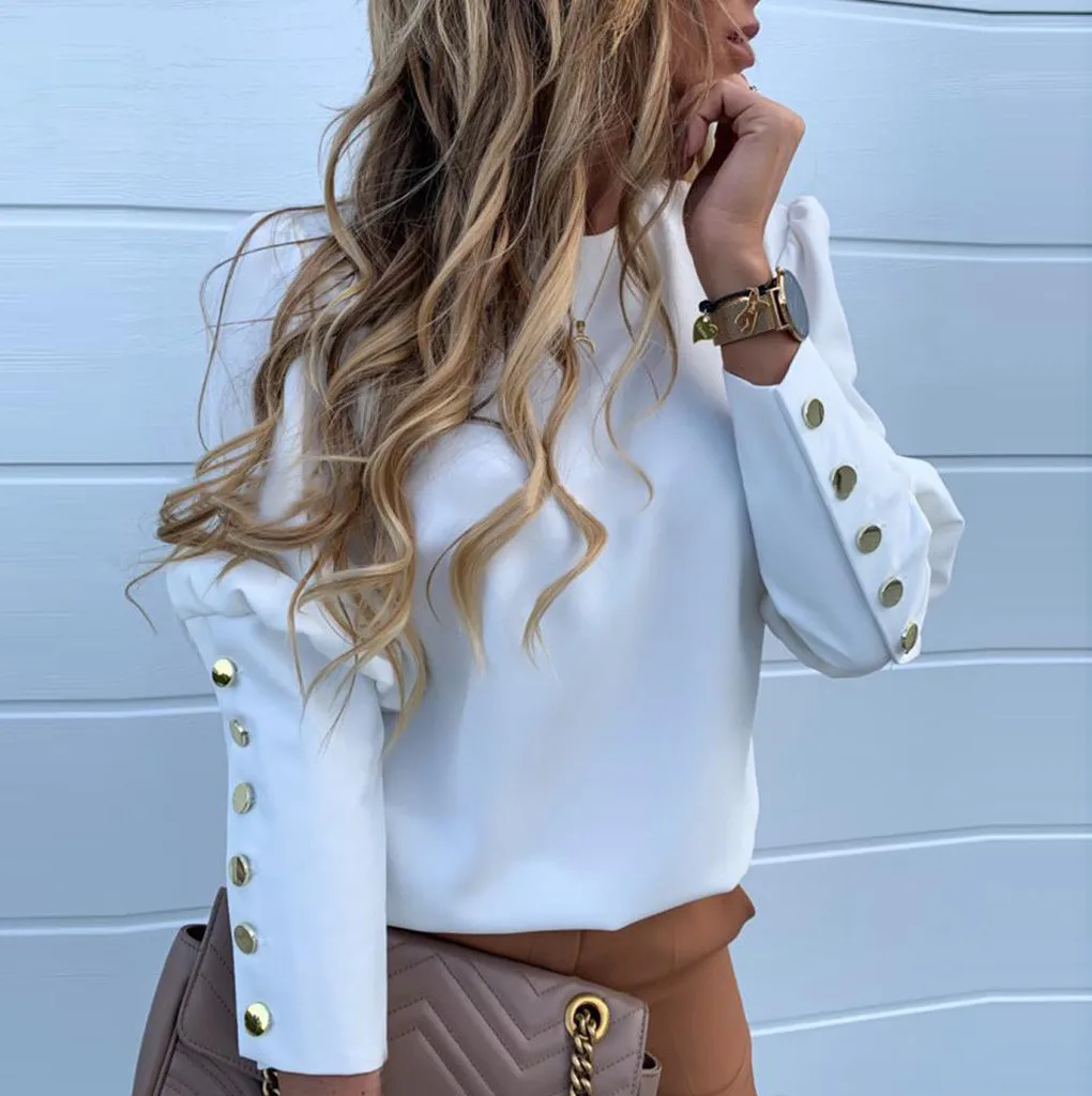 Модная футболка на пуговицах Повседневные базовые Топы Осень зима Женская