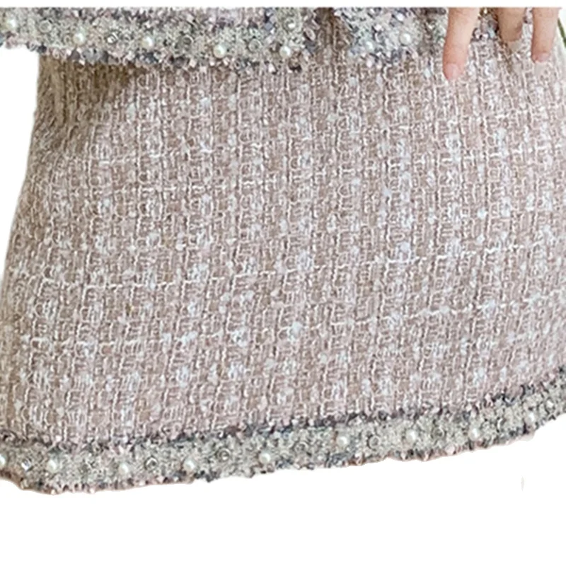 

Elegant Ladies 2020 Autumn Tweed 2 Piece Set Women Pearl Tassel Slim Coat Conjunto Feminino Skirt Korean Vintage OL Skirt Sets