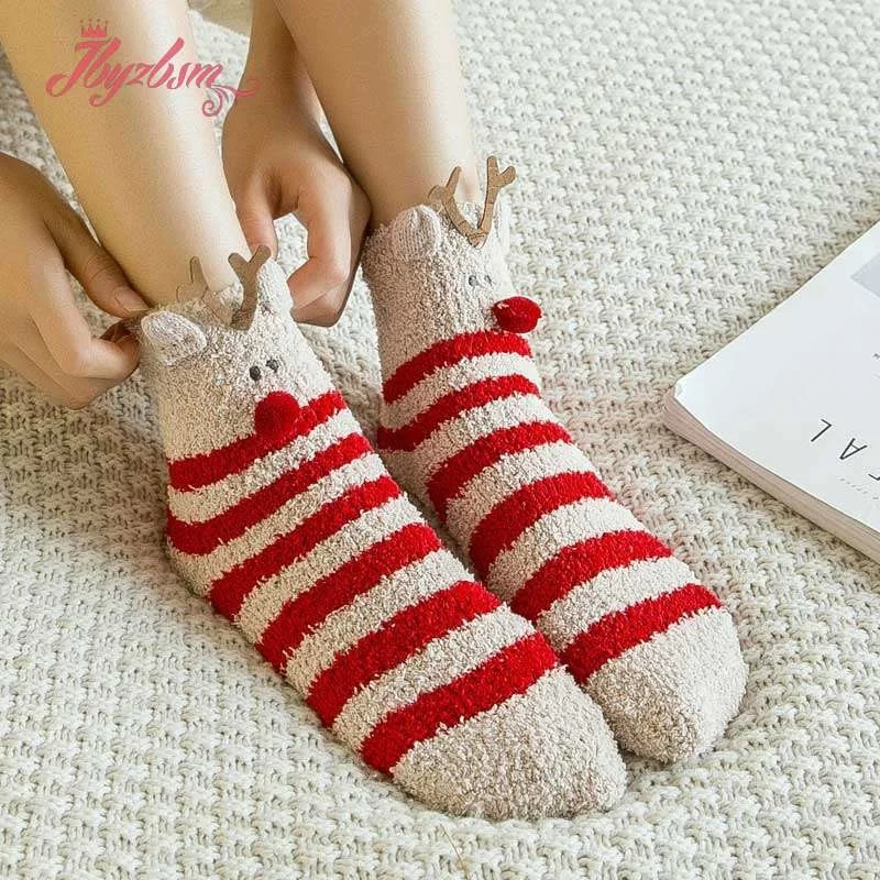 New Women Cozy Solid Socks Fawn Bunny Alpaca Santa Claus Cartoon Funny Socks Winter Warm Sleep Fleece-lined Socks Christmas gift