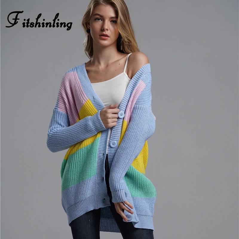 Женский разноцветный кардиган на пуговицах Fitshinling длинный вязаный в стиле