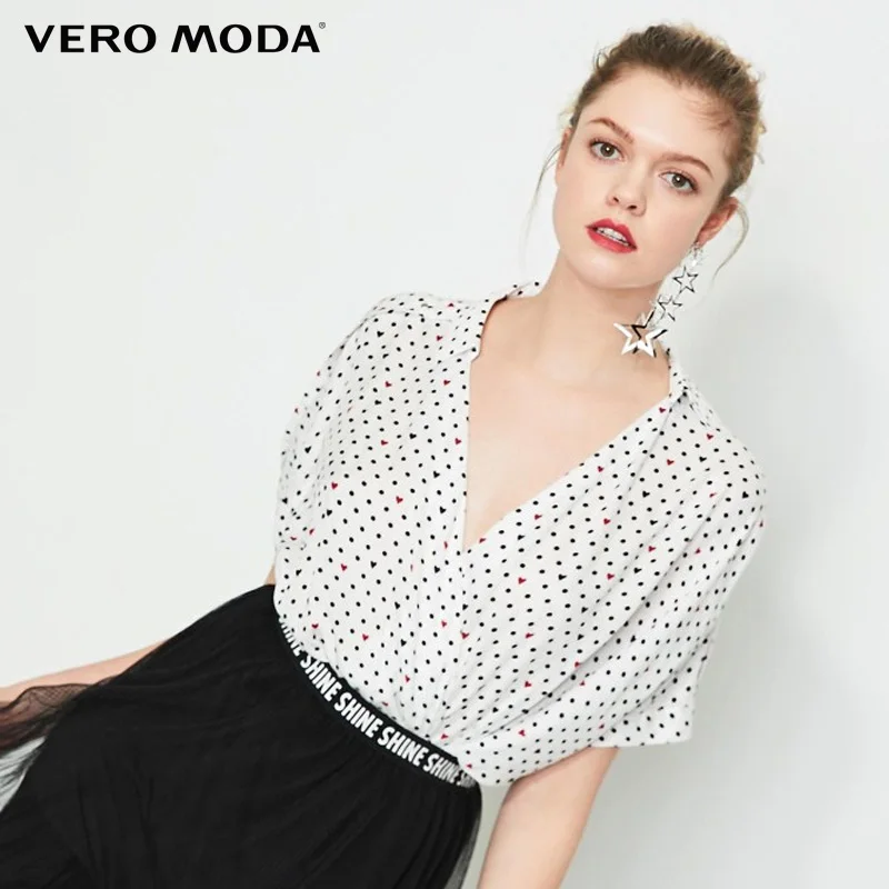 

Vero Moda Women Polka Dots V-neckline Printed Rivet Turn-down Collar Tops| 319241508