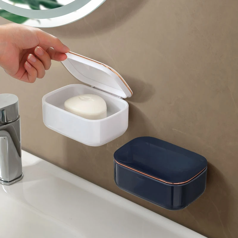 Soporte de jab&oacute;n montado en la pared, bandeja de agua de drenaje, caja de jab&oacute;n de almacenamiento con tapa, inodoro, ducha, ba&ntilde;o-0