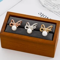 jaeeyin 2021 new arrivals sweet earrings accessory rose gold color paved cubic zircon ribbon bow white pearl girls gift jewelry